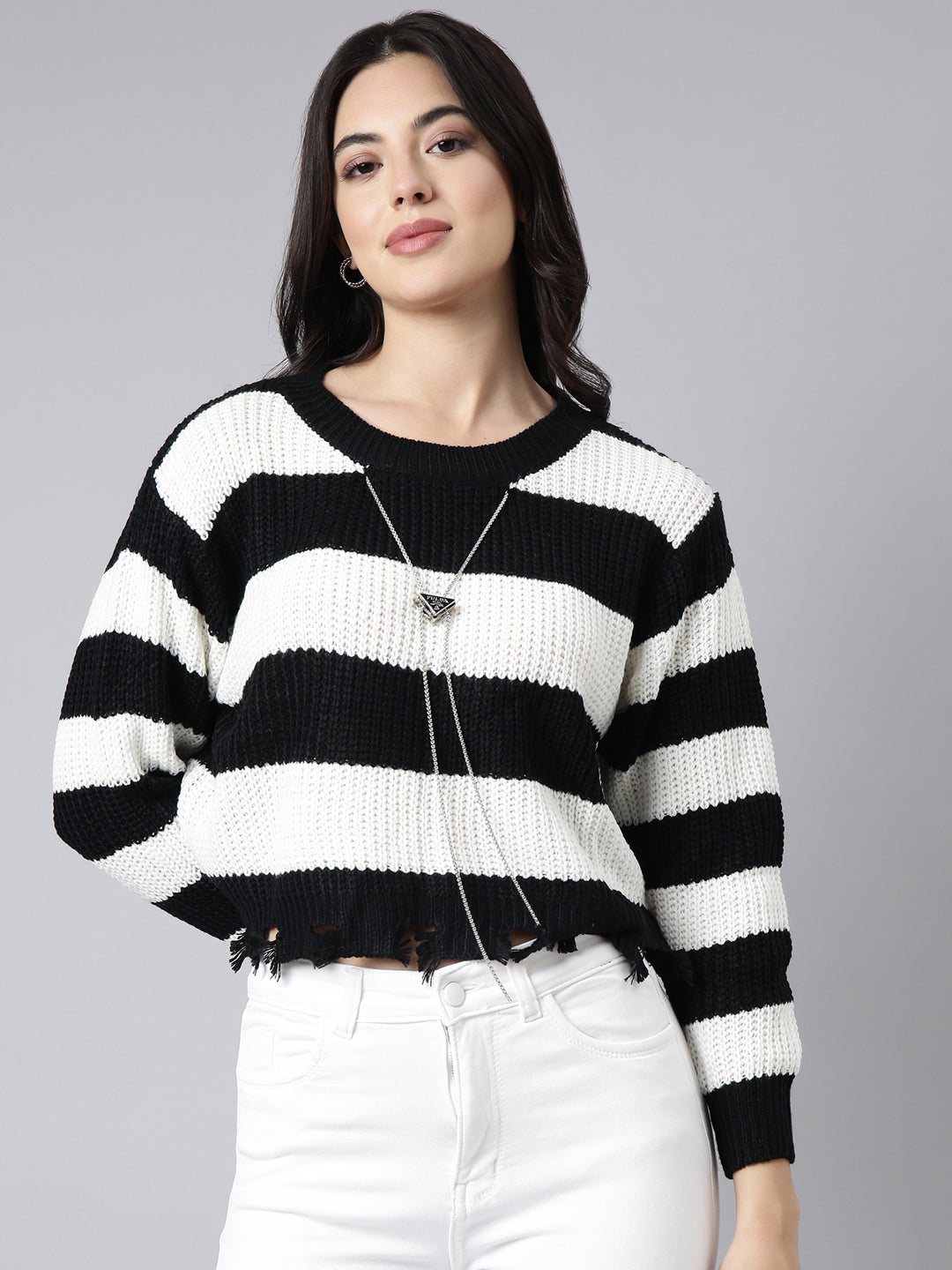 Women Striped White Boxy Top Comes With Chain
