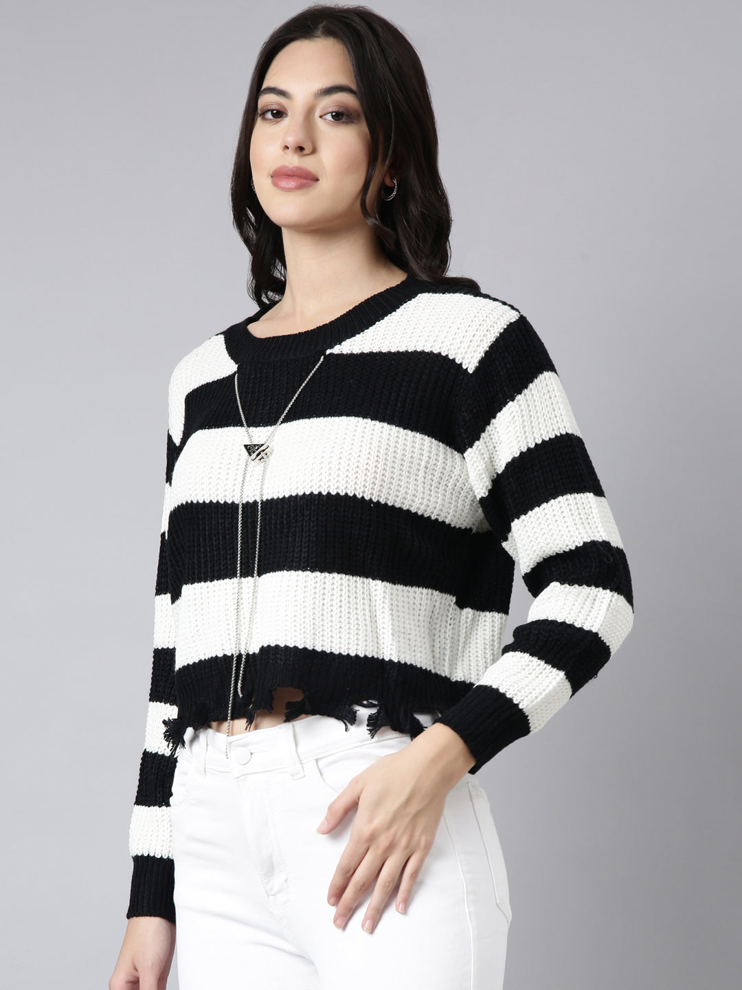 Women Striped White Boxy Top Comes With Chain