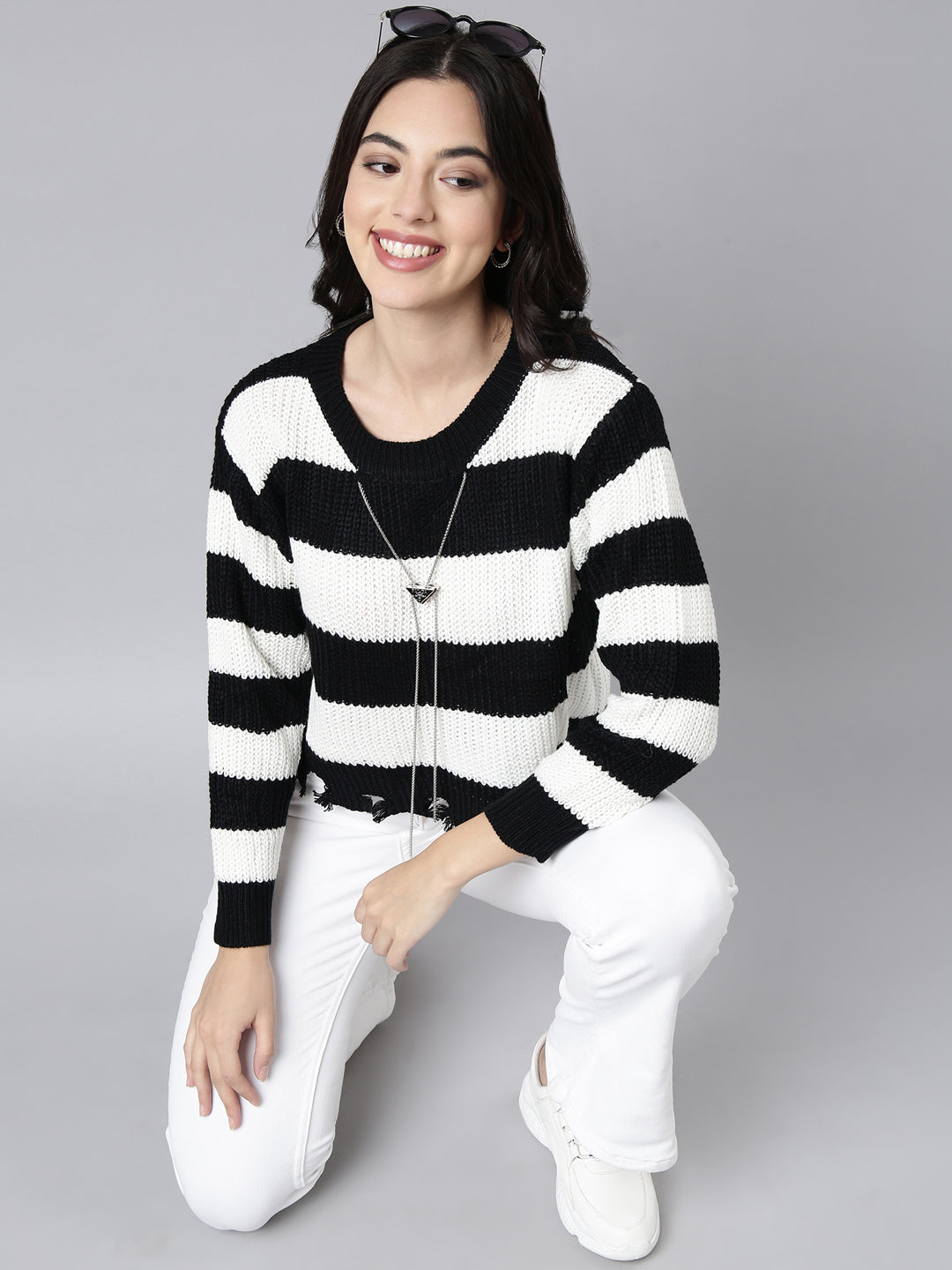 Women Striped White Boxy Top Comes With Chain