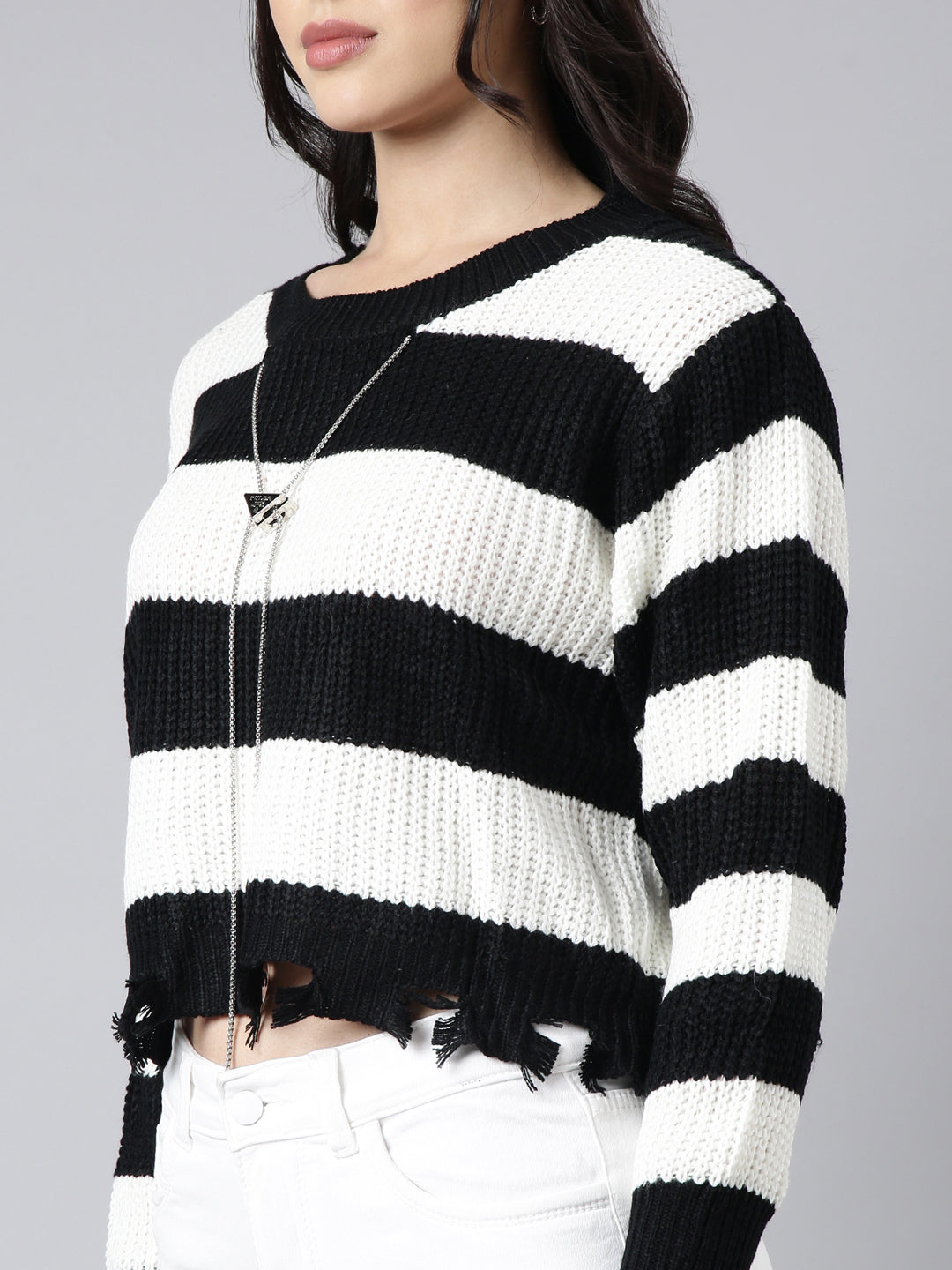 Women Striped White Boxy Top Comes With Chain