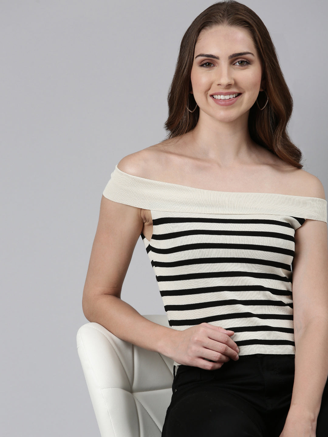 Off-Shoulder Striped Sleeveless Fitted Beige Crop Top