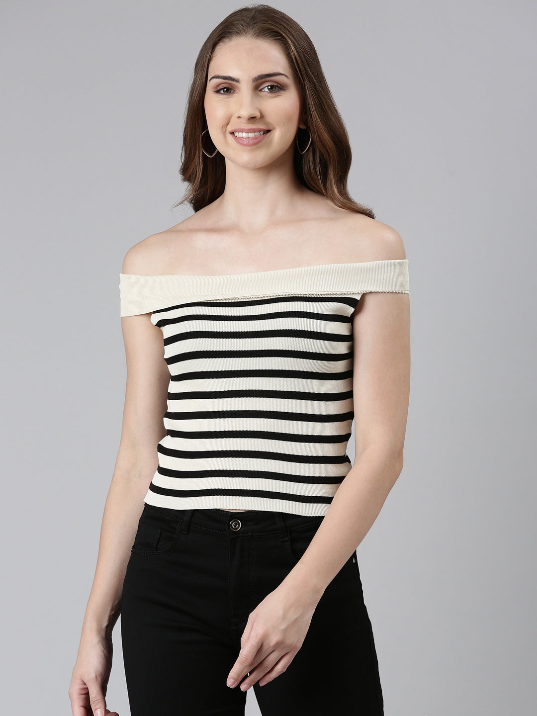 Off-Shoulder Striped Sleeveless Fitted Beige Crop Top