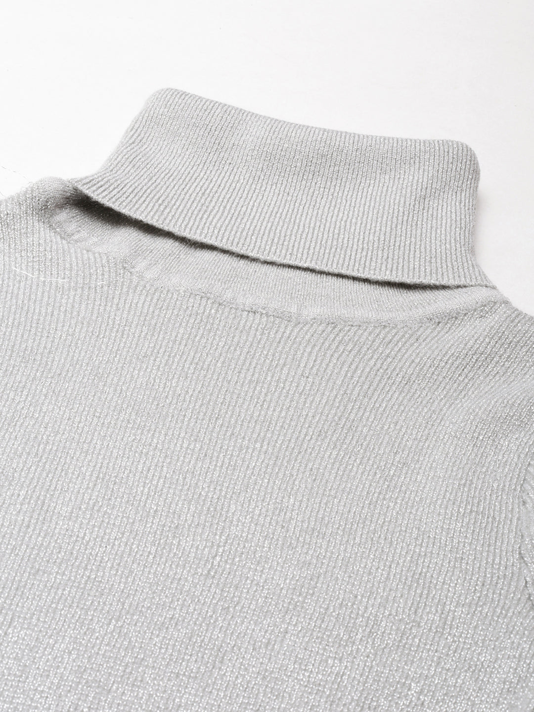 High Neck Embellished Regular Sleeves Fitted Grey Top