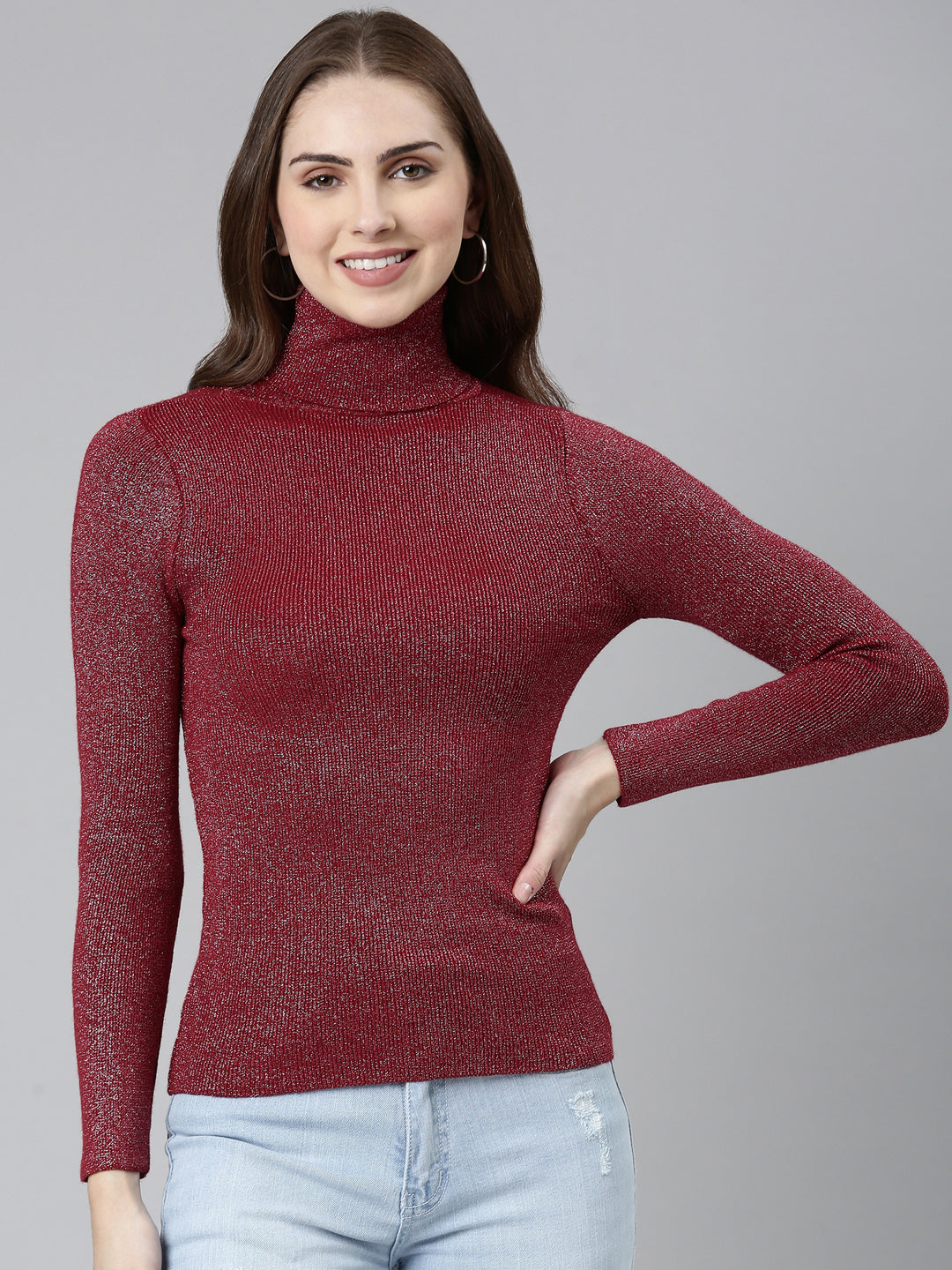 High Neck Embellished Regular Sleeves Fitted Maroon Top
