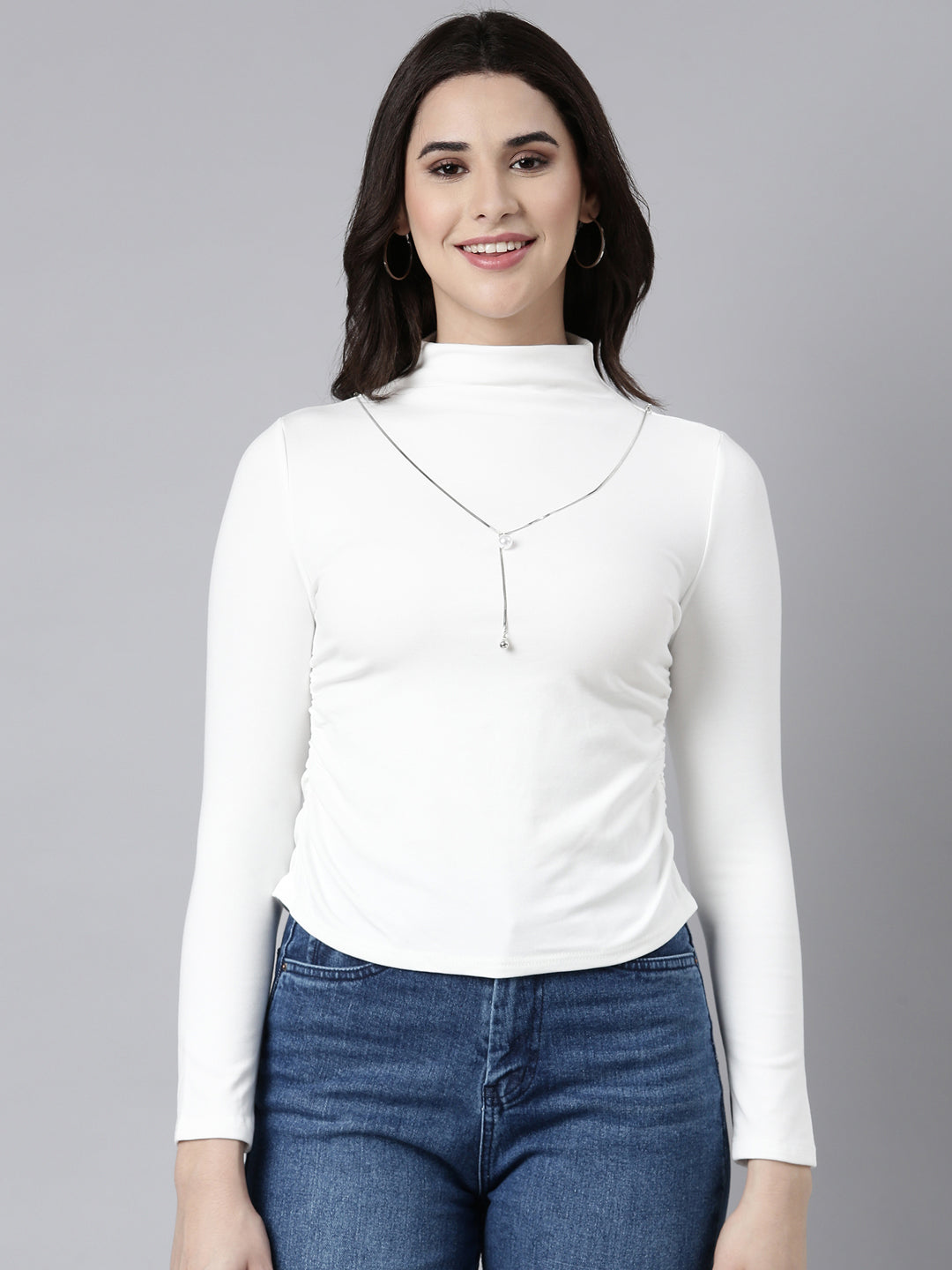 Women Solid Off White Fitted Top Comes with Neck Chain