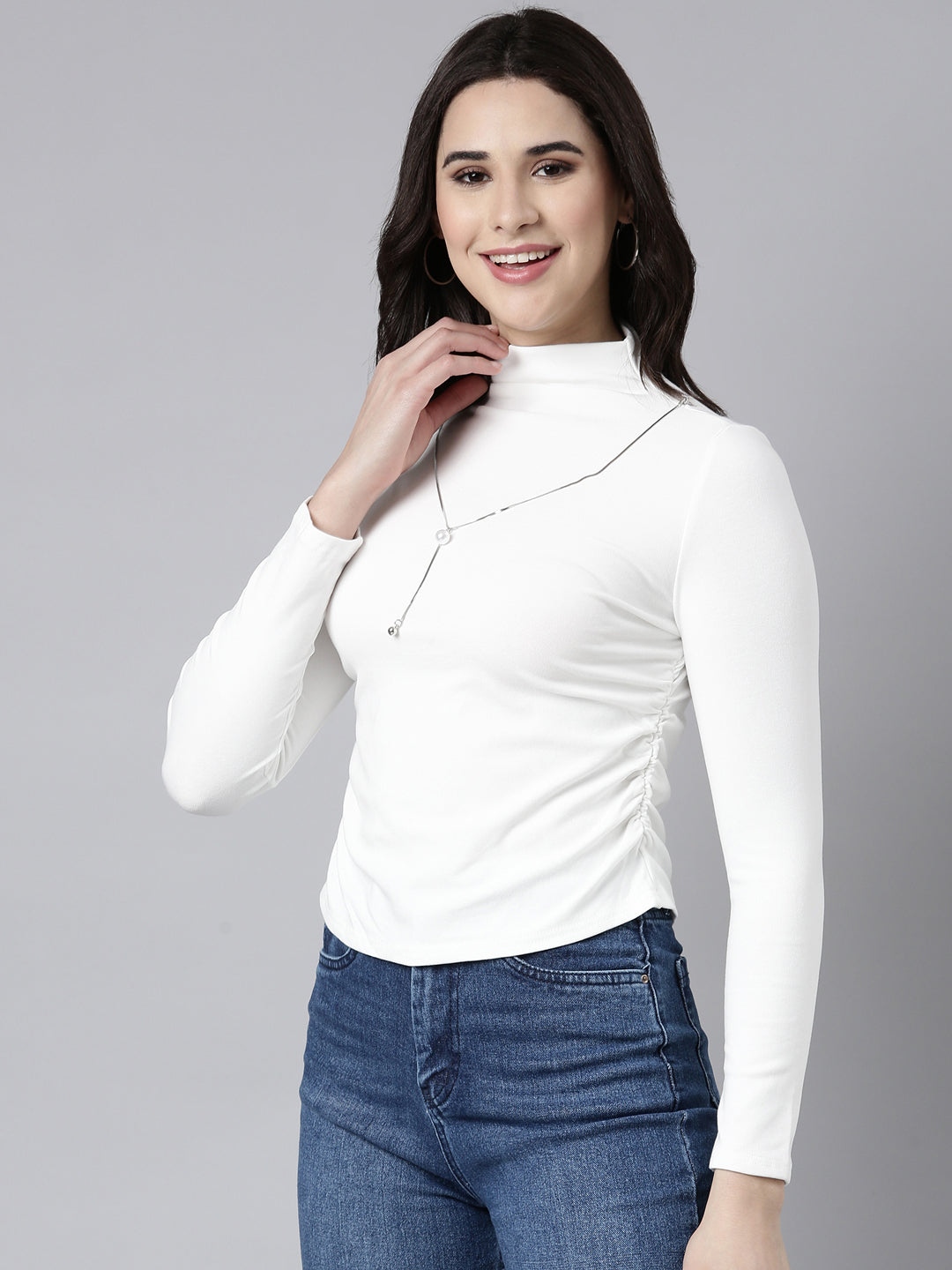 Women Solid Off White Fitted Top Comes with Neck Chain