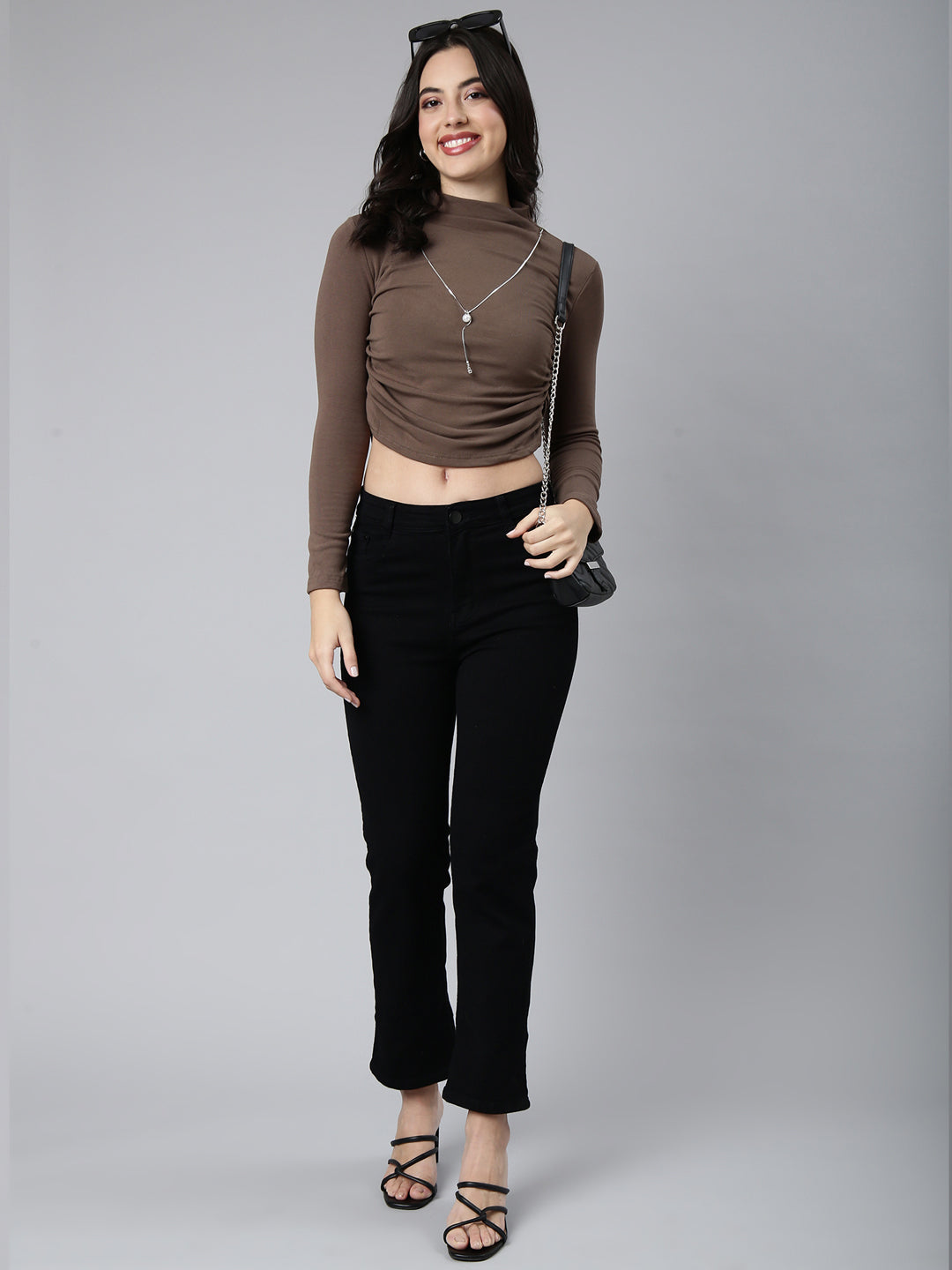 Women Solid Olive Fitted Top Comes with Neck Chain