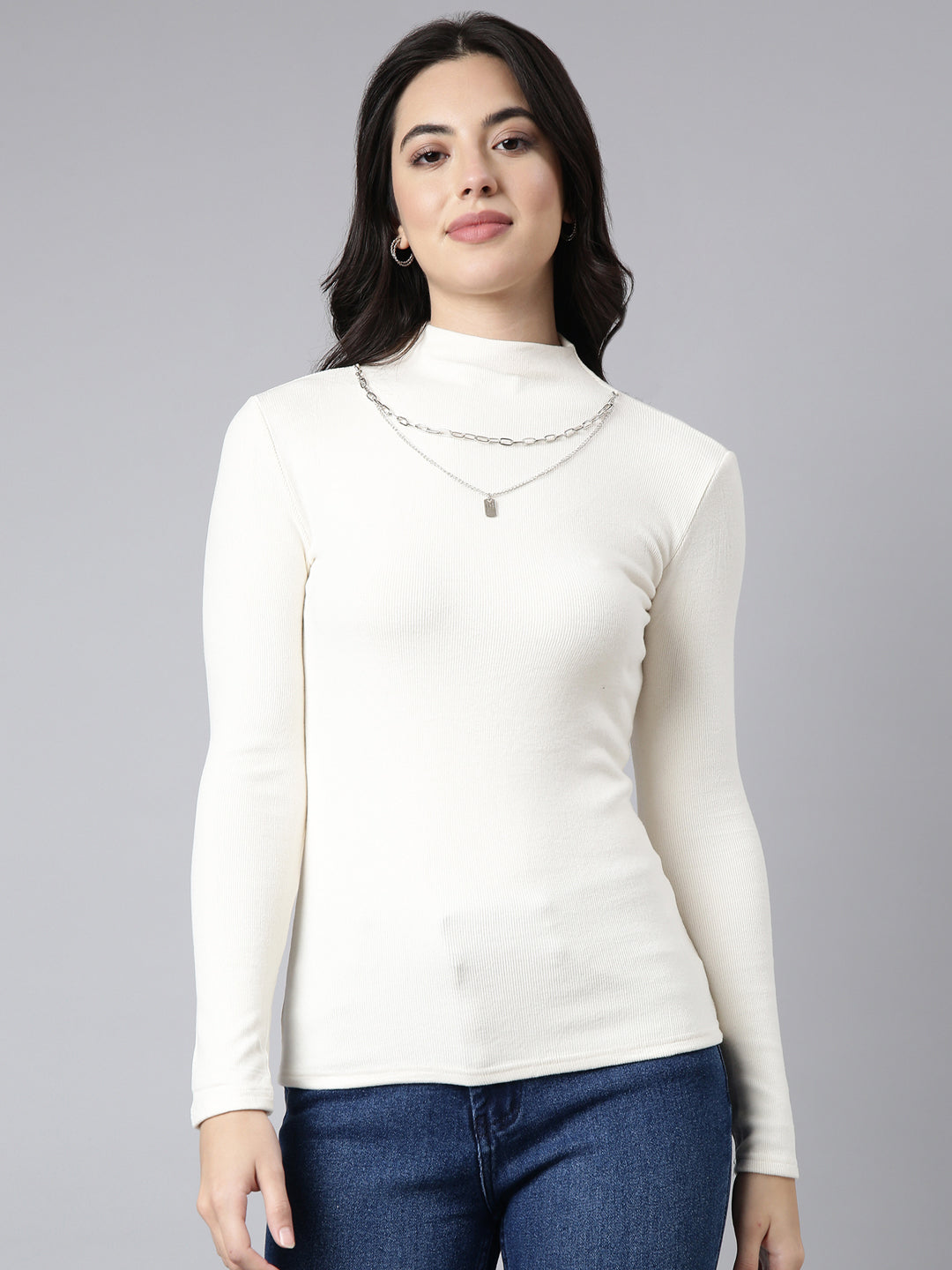 Women Solid Cream Top Comes With Chain