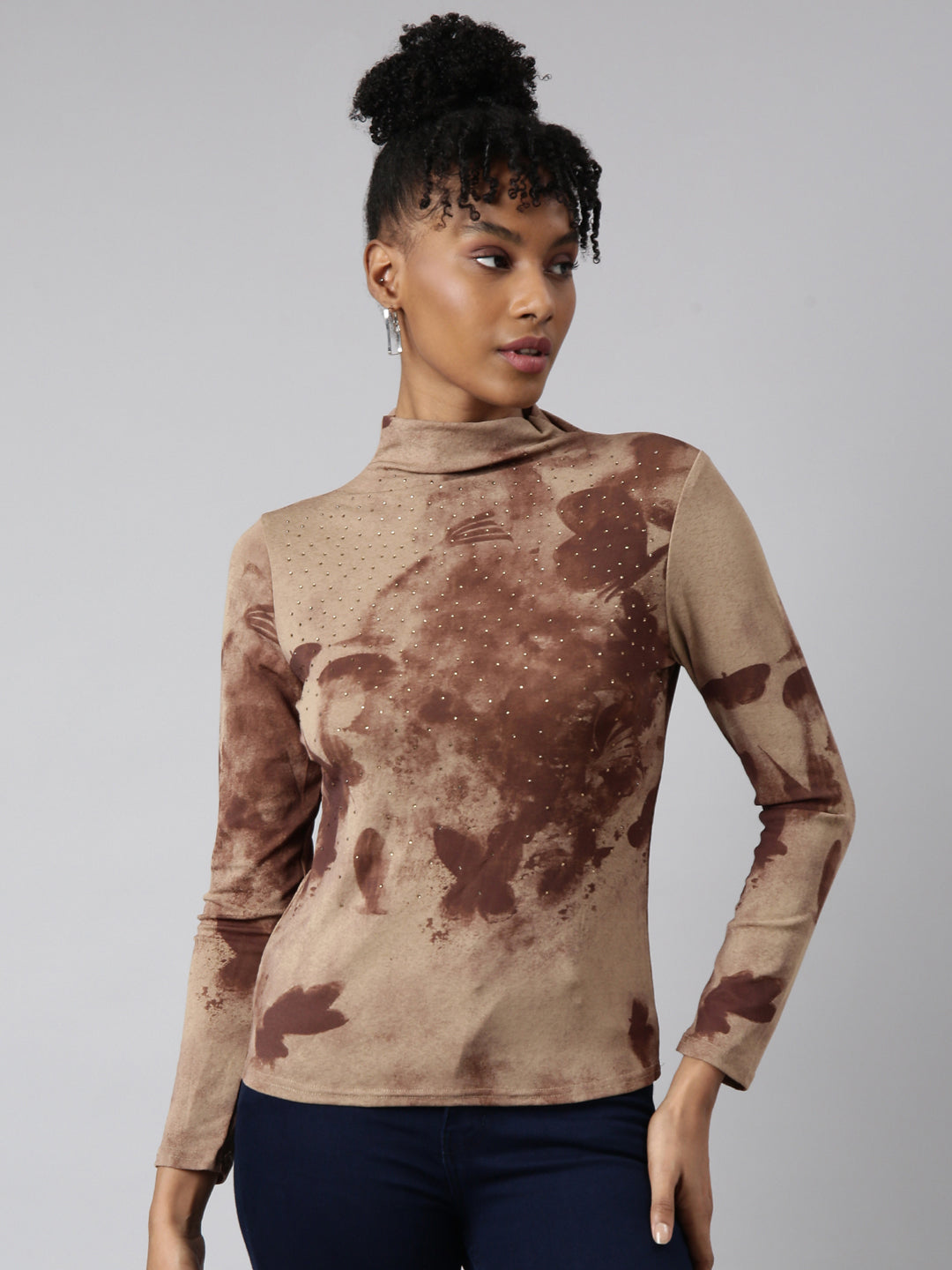 Women Brown Abstract Fitted Top