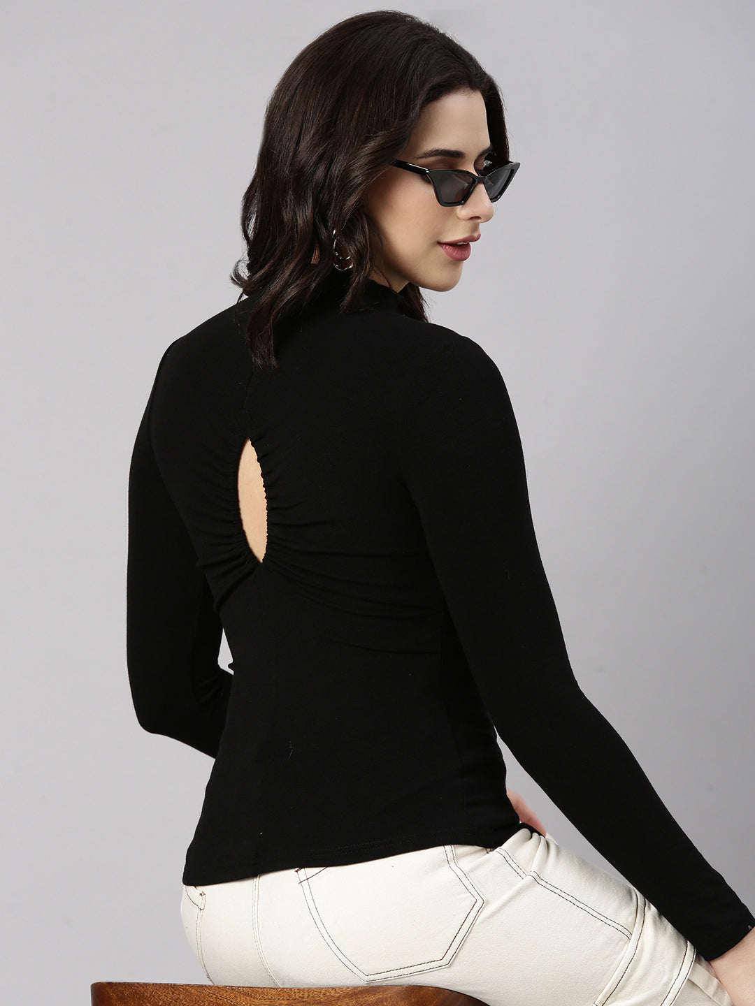 Women Solid Black Styled Back Top
