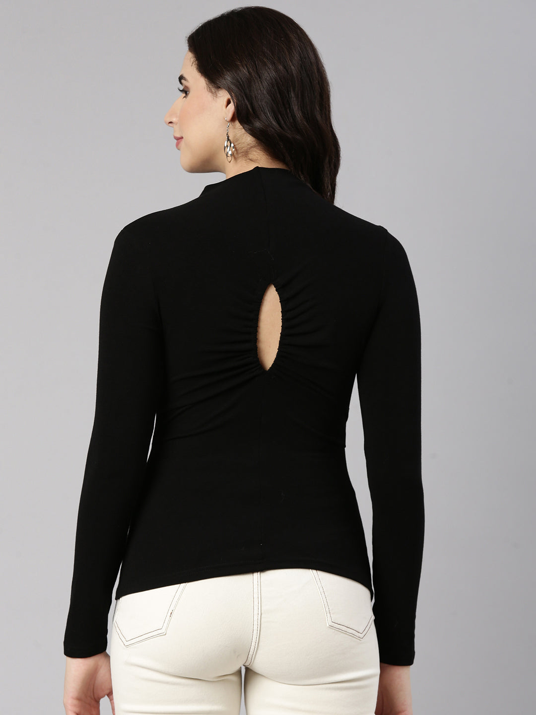 Women Solid Black Styled Back Top