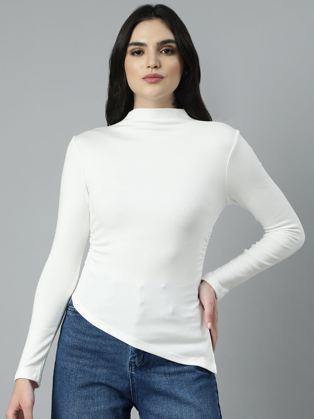 Women Solid Off White Fitted Top