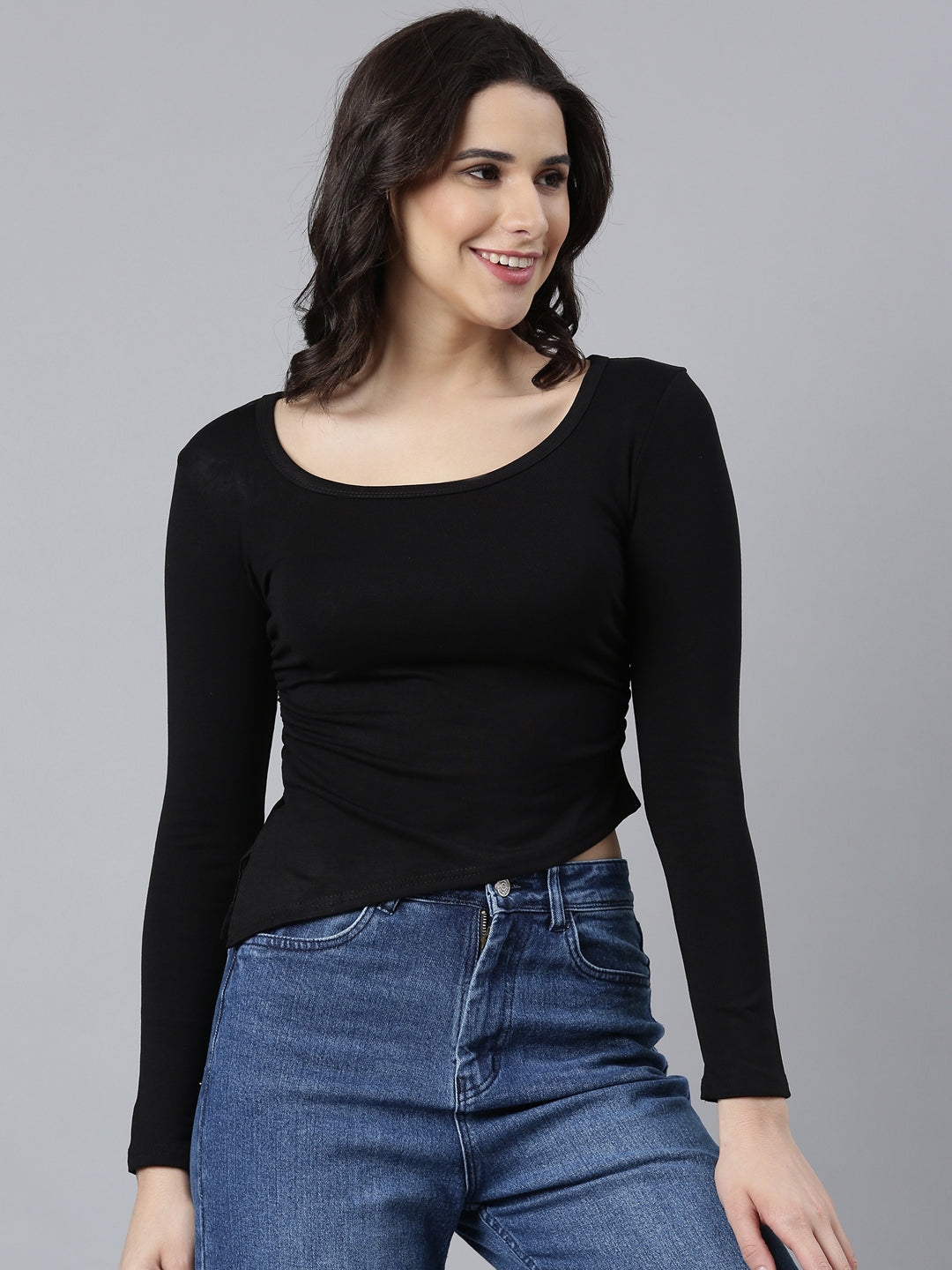 Women Solid Black Fitted Top