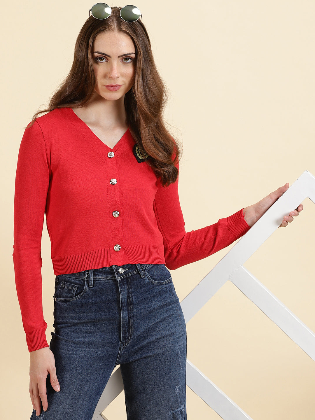 Women's Red Solid Front-Open Sweater