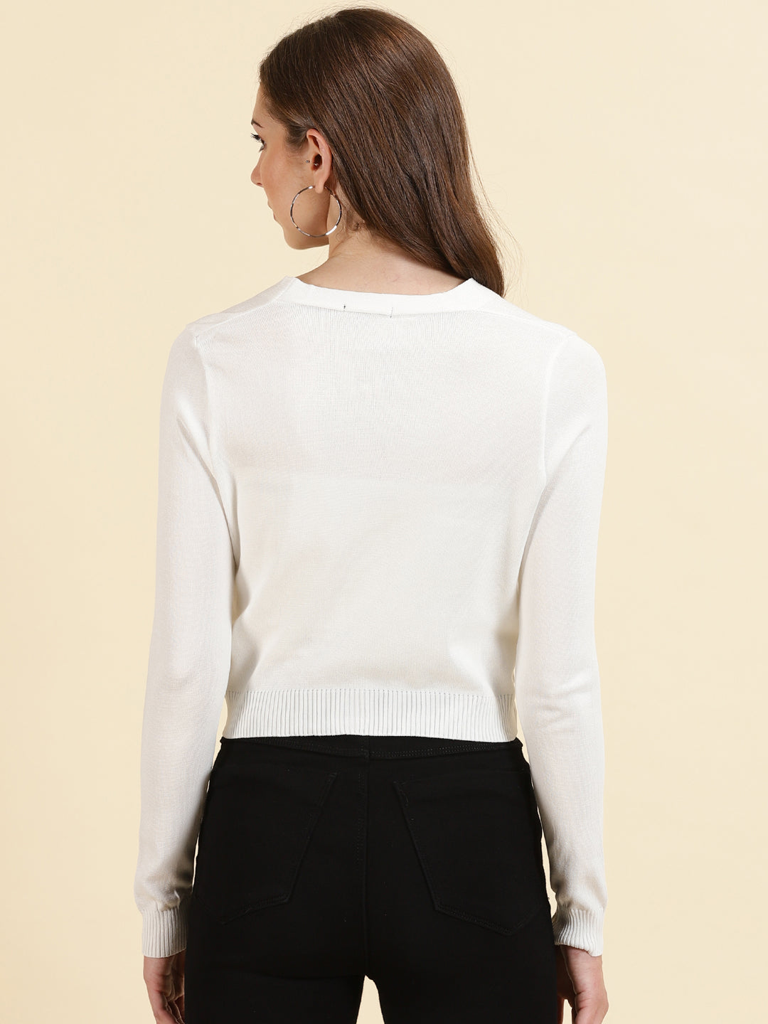 Women's White Solid Front-Open Sweater