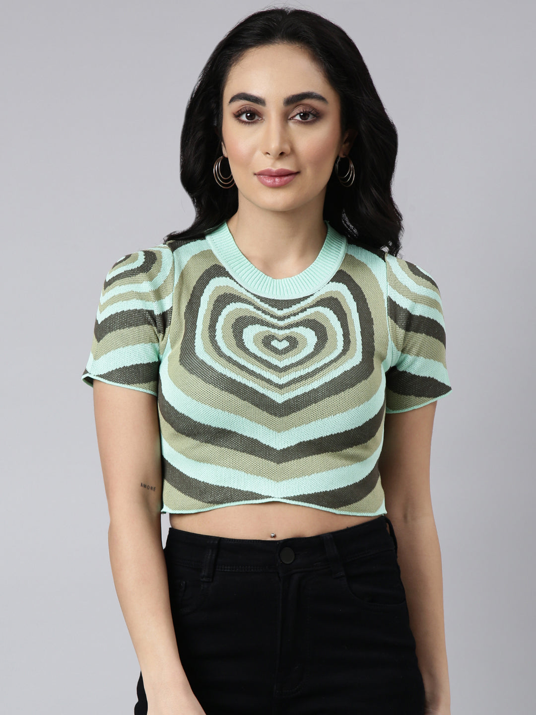 Women Green Graphic Fitted Crop Top