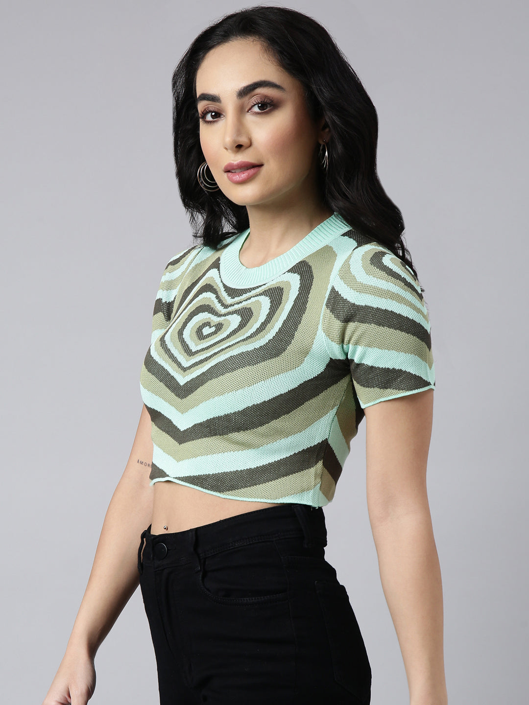 Women Green Graphic Fitted Crop Top