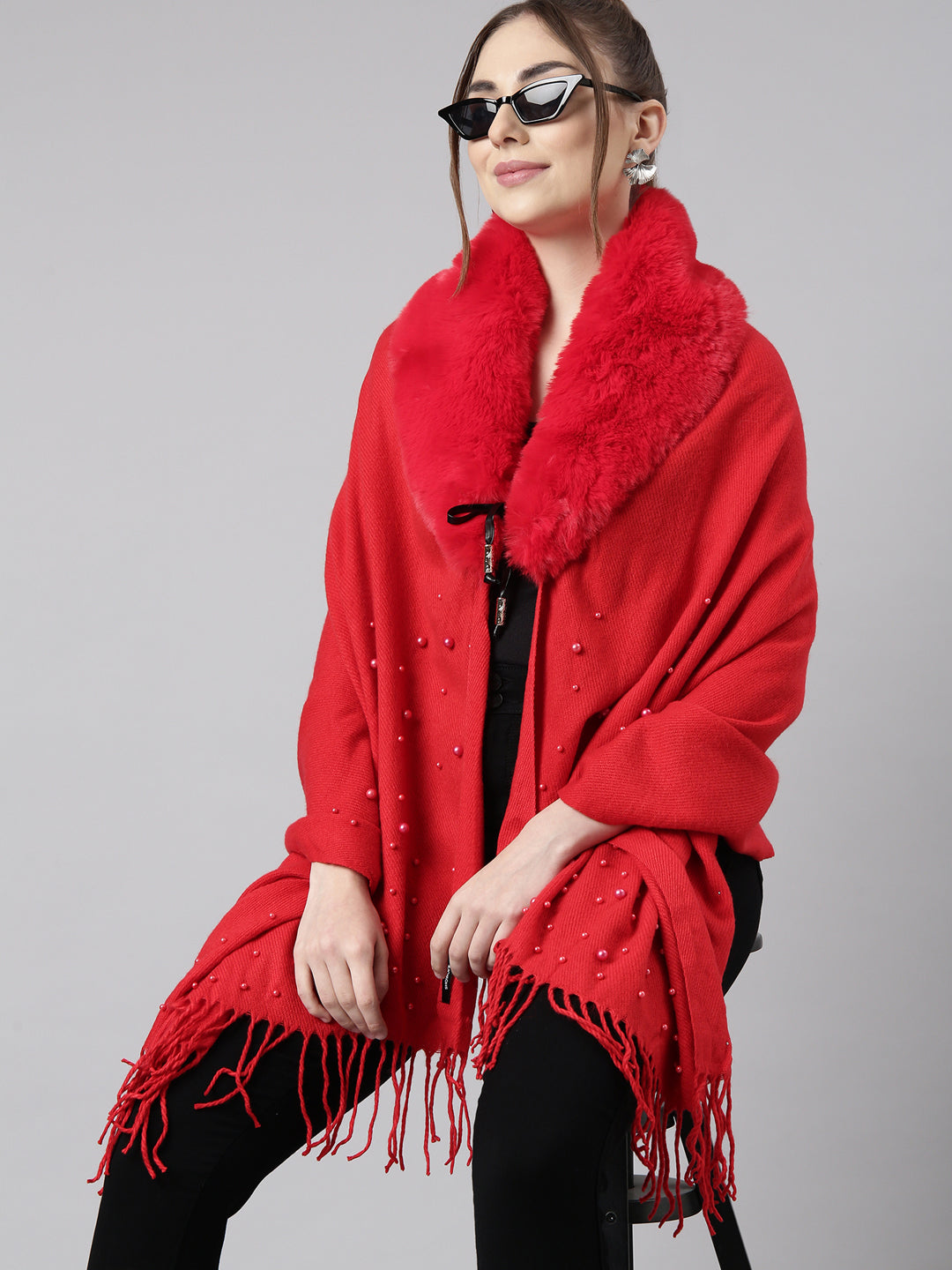 Women Solid Red Longline Front-Open Poncho