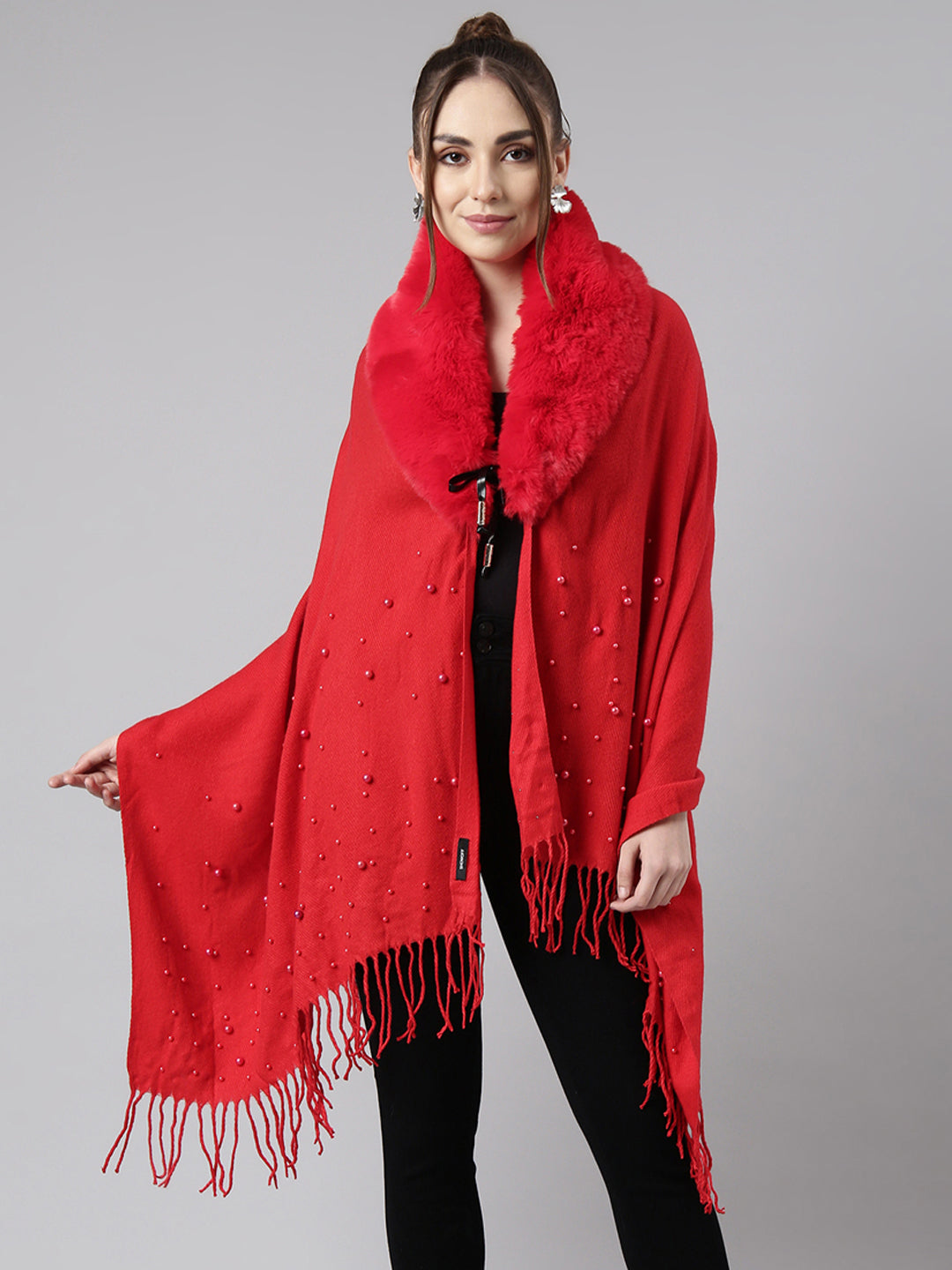 Women Solid Red Longline Front-Open Poncho