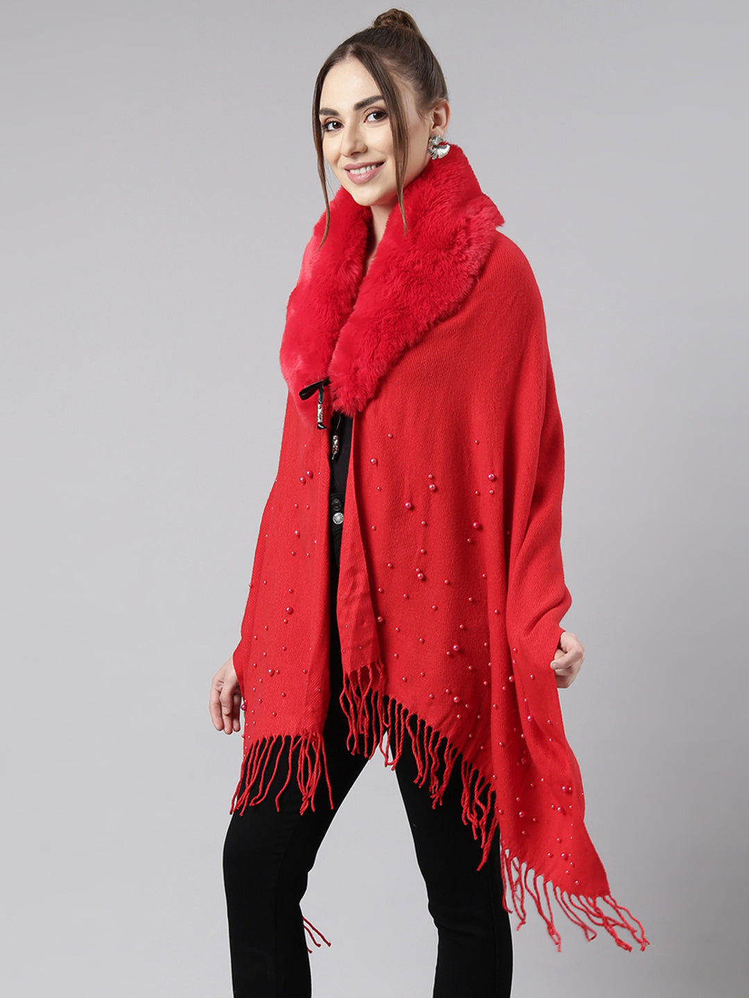 Women Solid Red Longline Front-Open Poncho