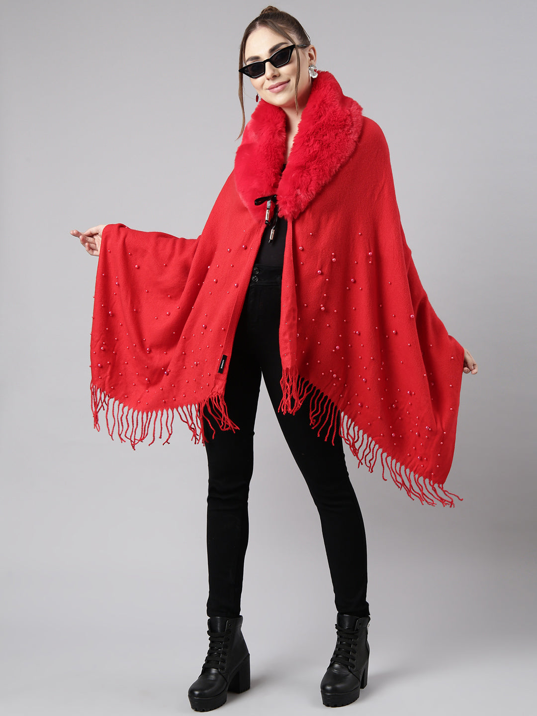 Women Solid Red Longline Front-Open Poncho
