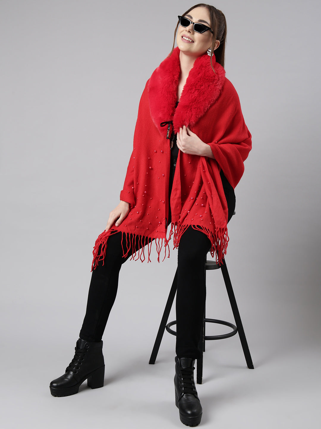 Women Solid Red Longline Front-Open Poncho