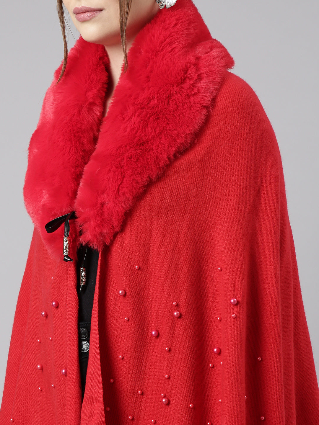 Women Solid Red Longline Front-Open Poncho