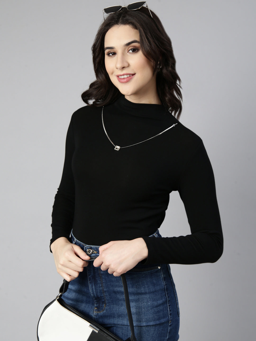 Women Solid Black Top Comes with Neck Chain