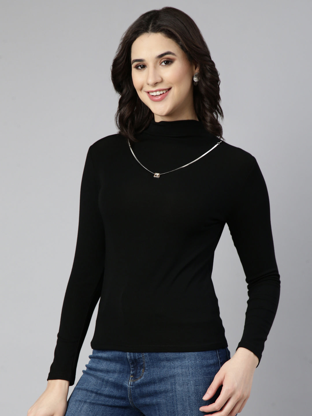 Women Solid Black Top Comes with Neck Chain