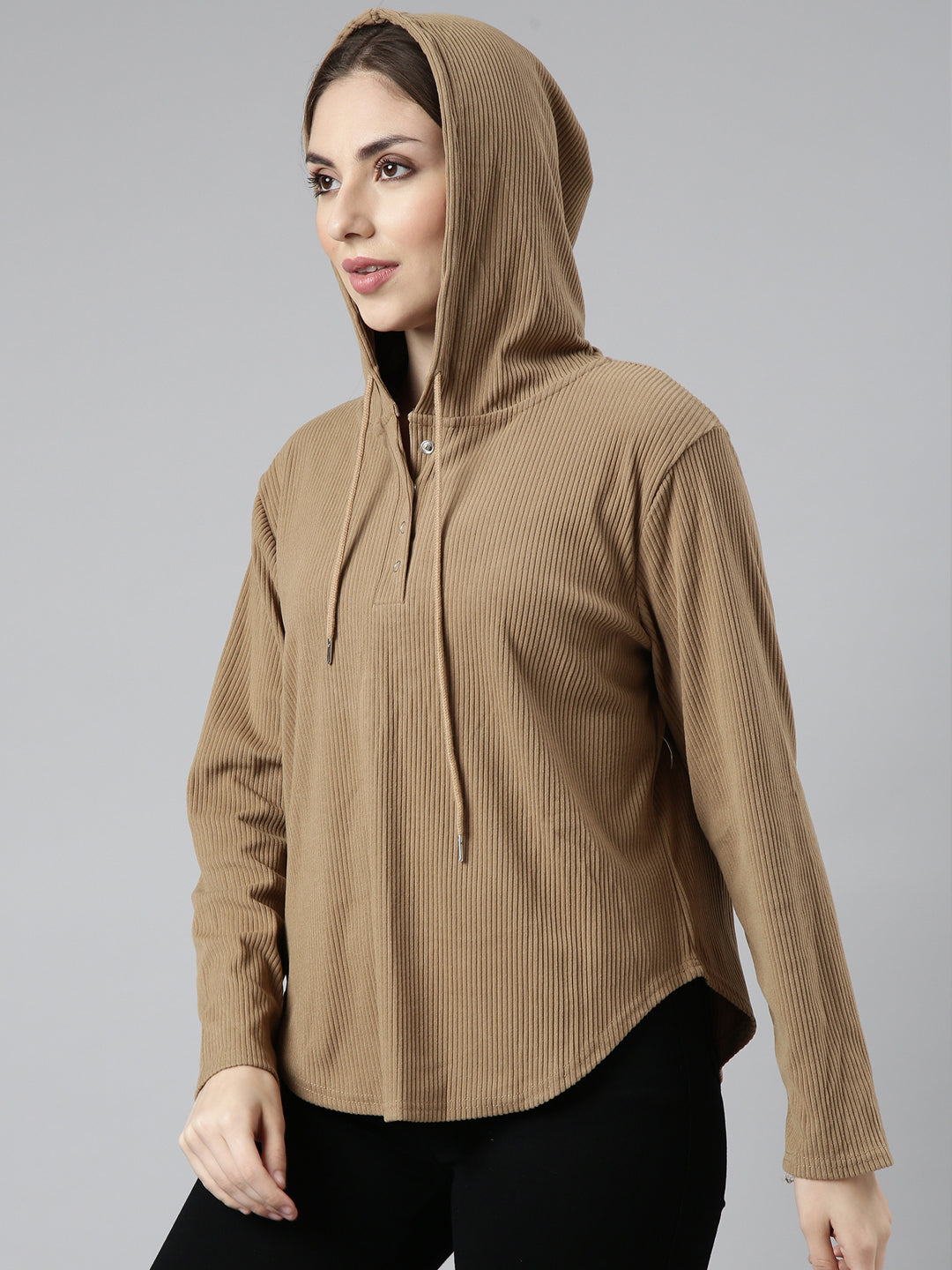 Women Brown Solid Front-Open Sweatshirt