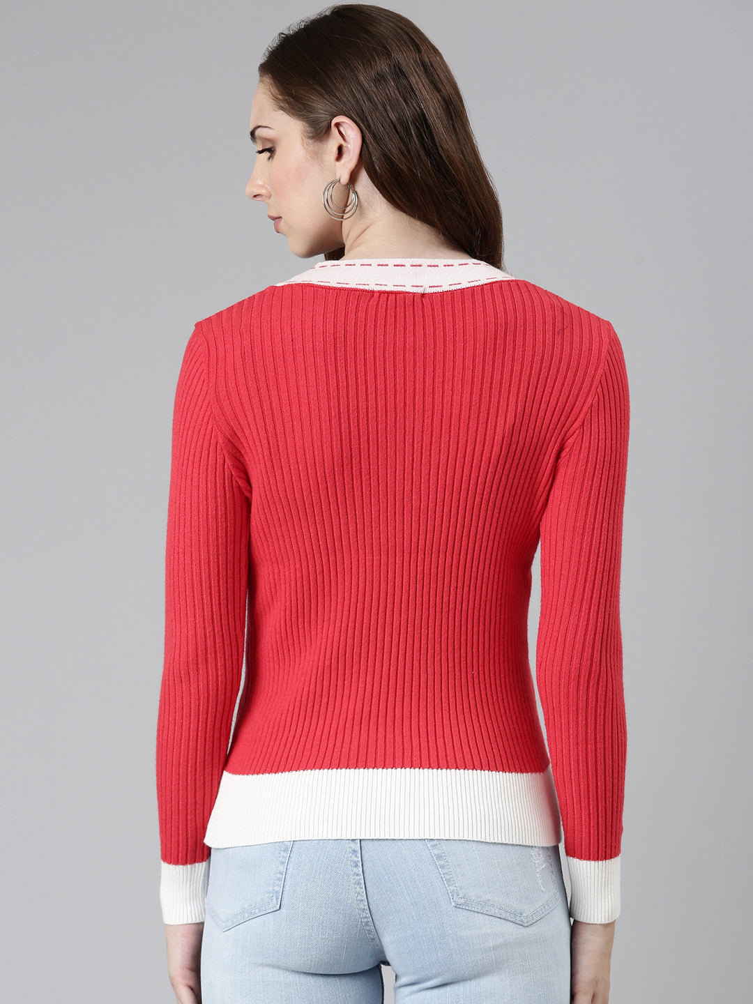 Women Coral Solid Vest Sweater