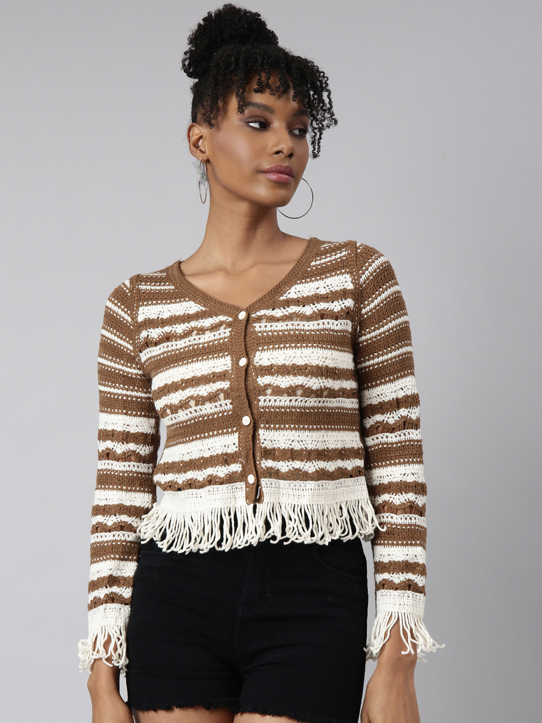 Women Brown Self Design Crochet Top