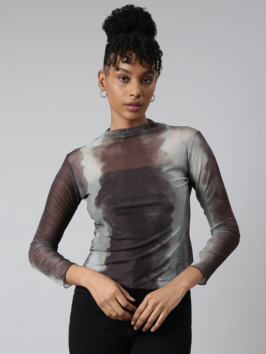 Women Brown Tie and Dye Fitted Top