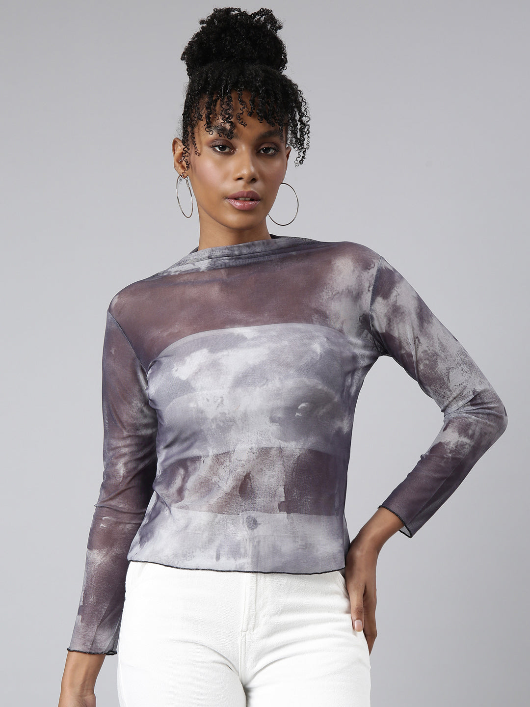 Women Grey Tie and Dye Fitted Top