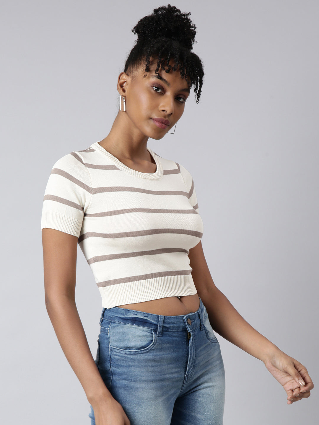 Women Cream Horizontal Stripes Fitted Crop Top