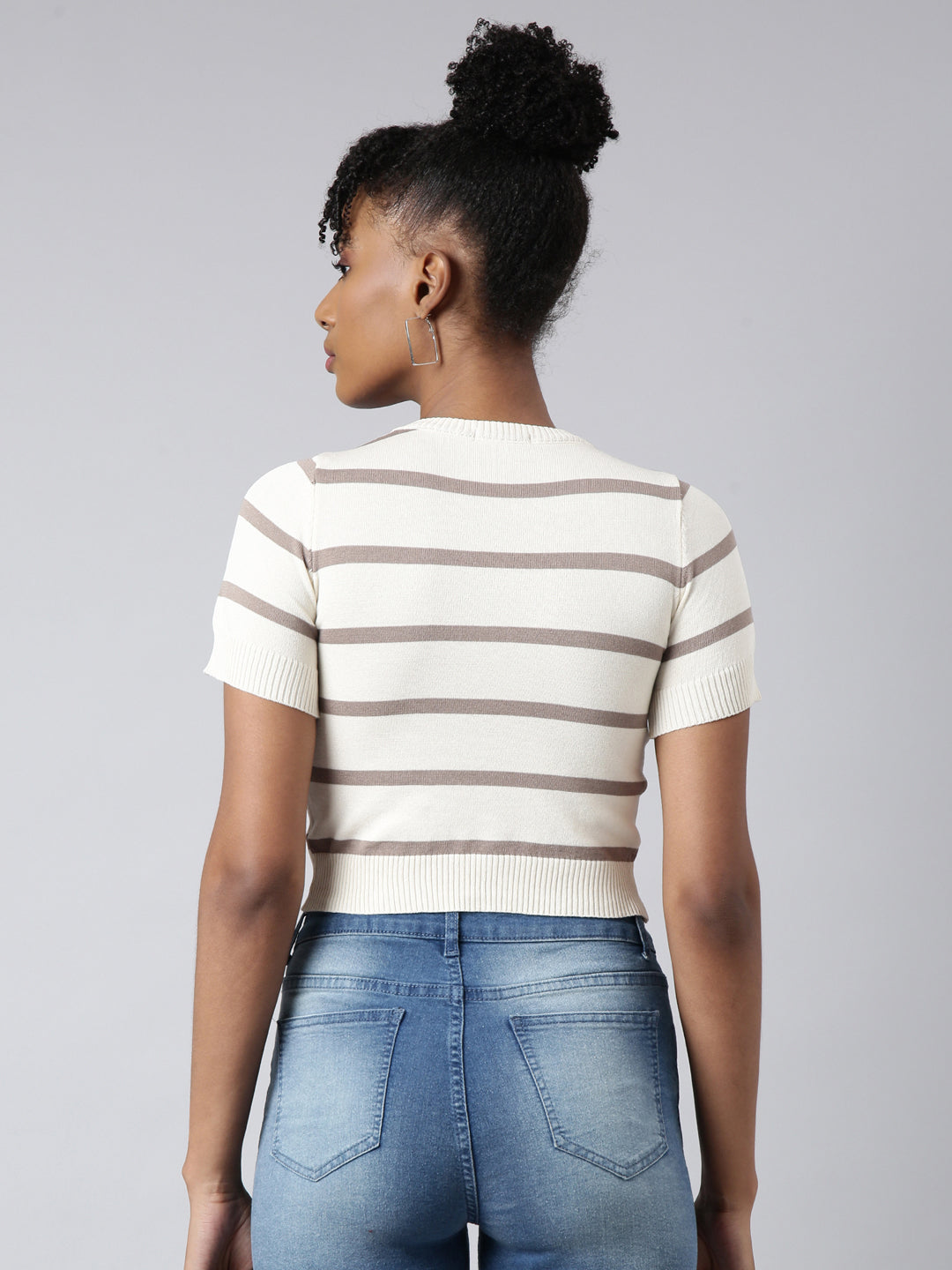 Women Cream Horizontal Stripes Fitted Crop Top