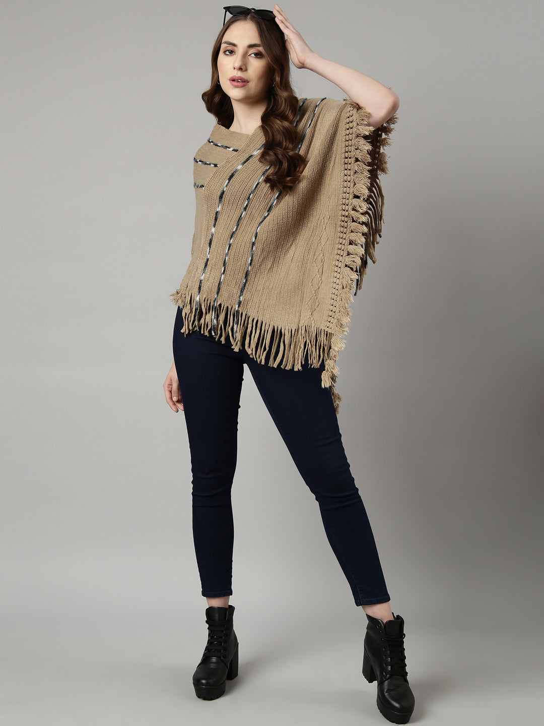 Women Striped Khaki Longline Poncho