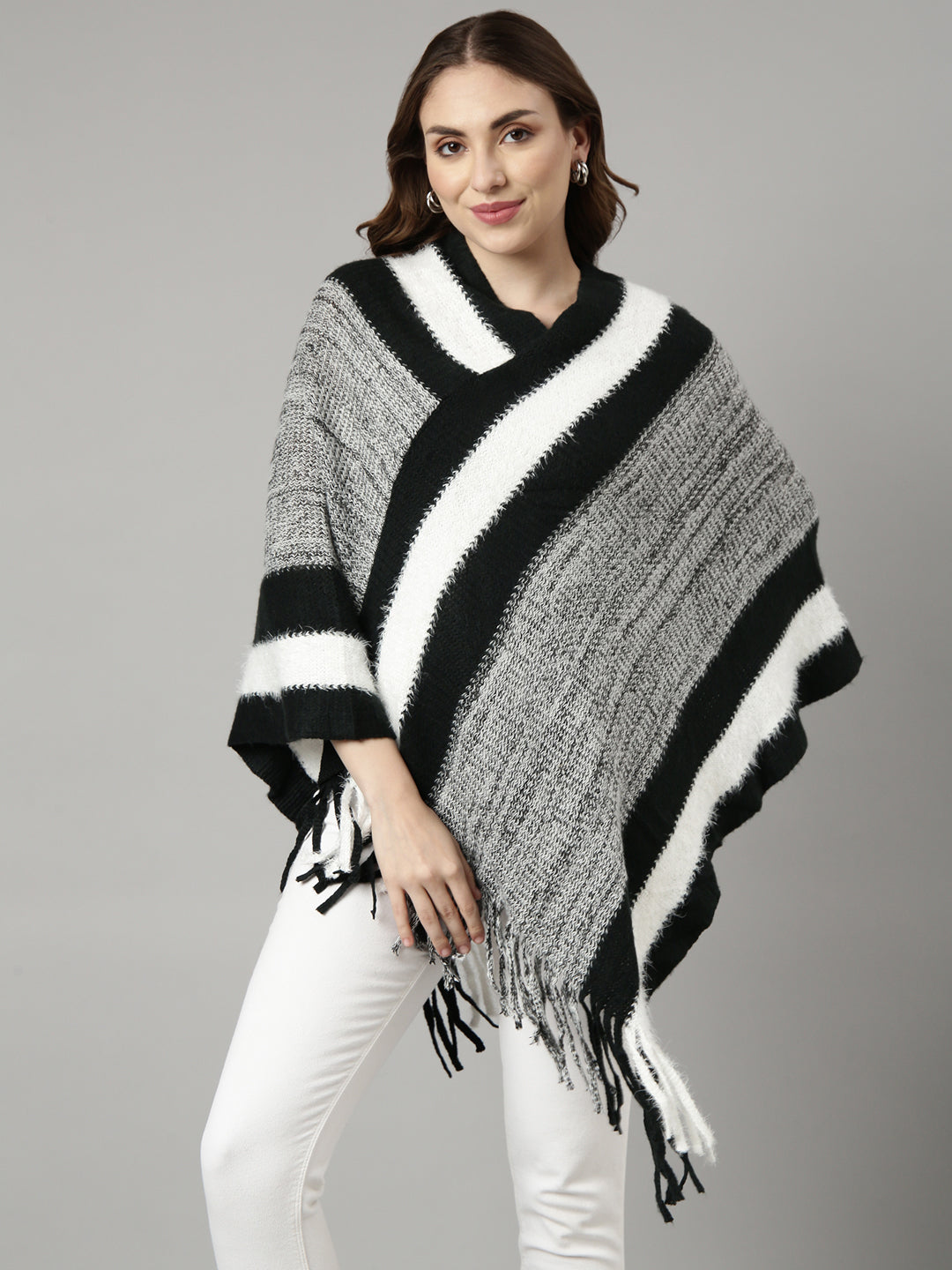 Women Striped Black Longline Poncho