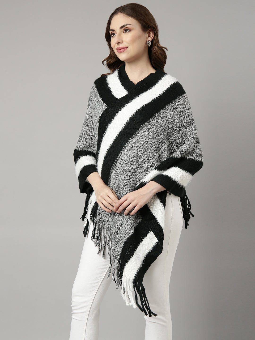 Women Striped Black Longline Poncho