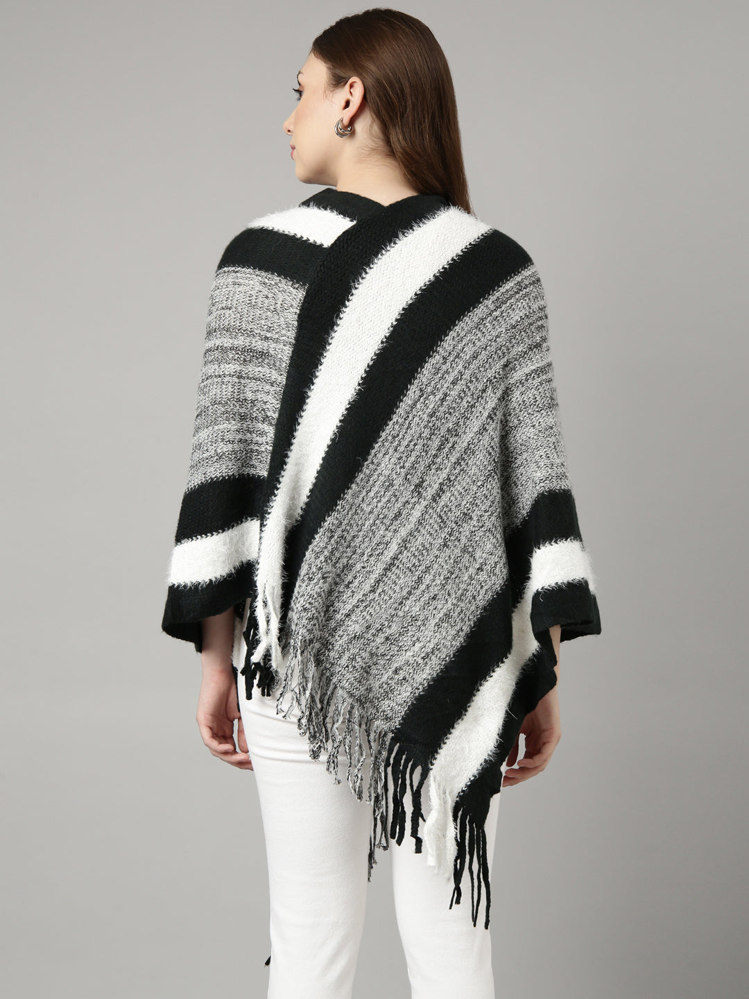 Women Striped Black Longline Poncho