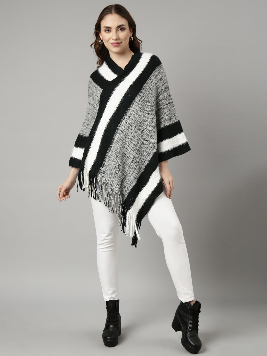 Women Striped Black Longline Poncho