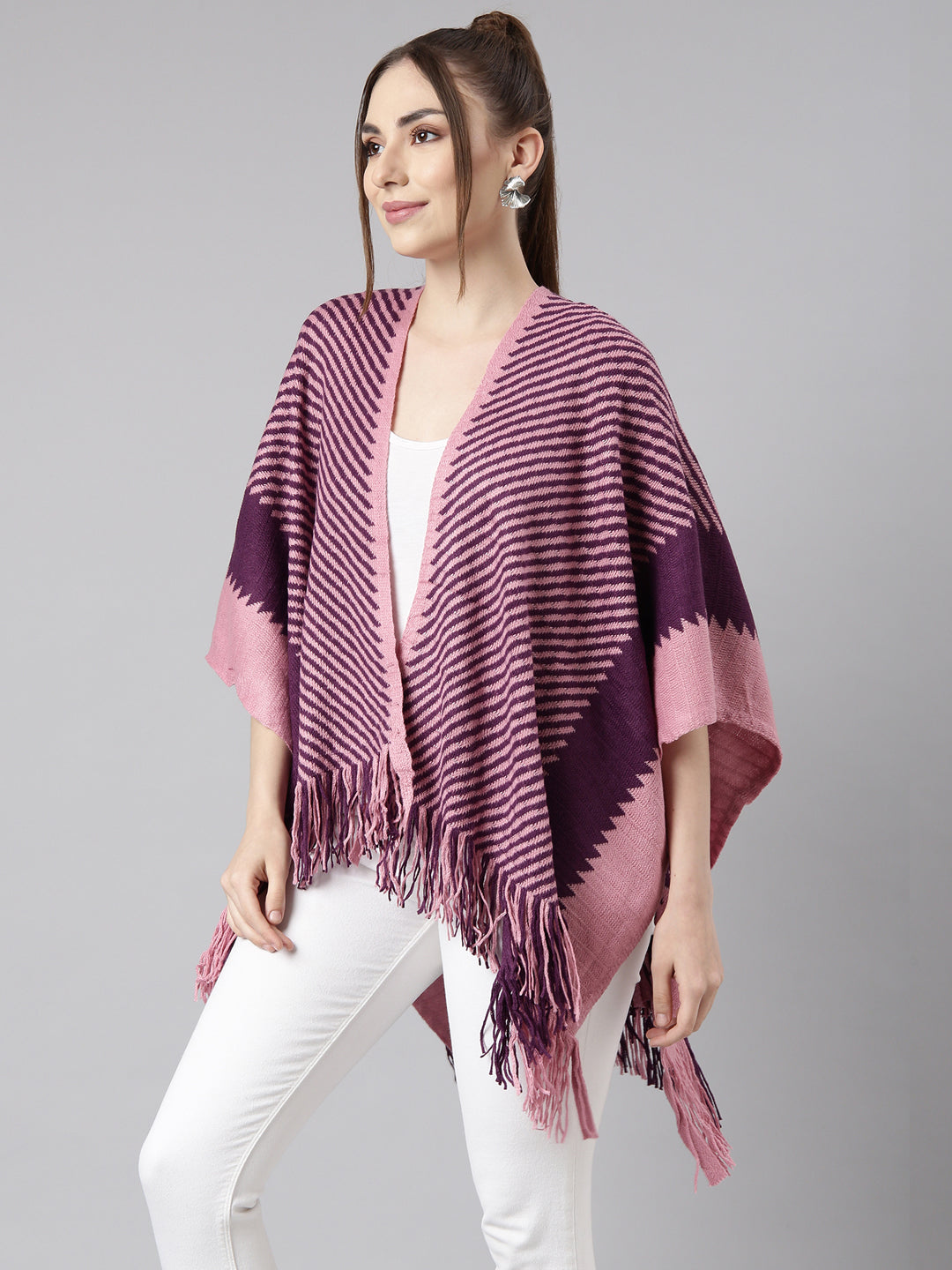 Women Striped Purple Longline Front-Open Poncho