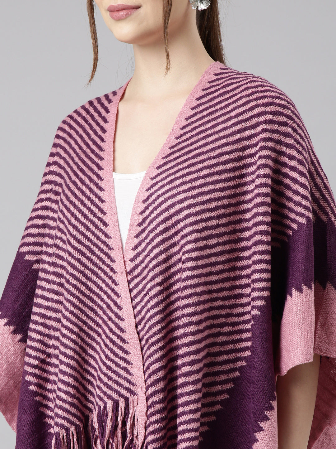Women Striped Purple Longline Front-Open Poncho