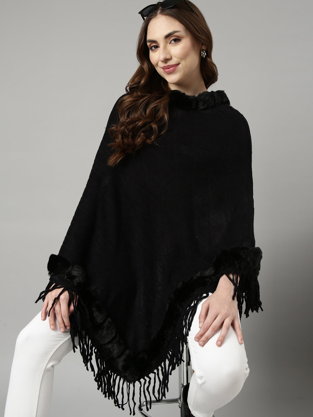 Women Solid Black Longline Poncho