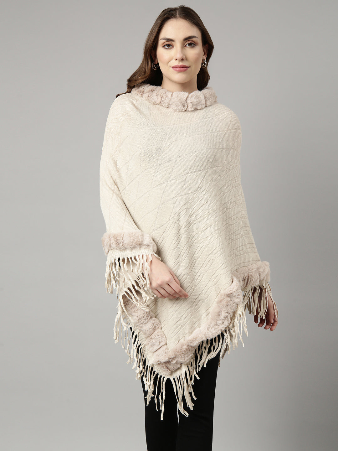 Women Solid Cream Longline Poncho