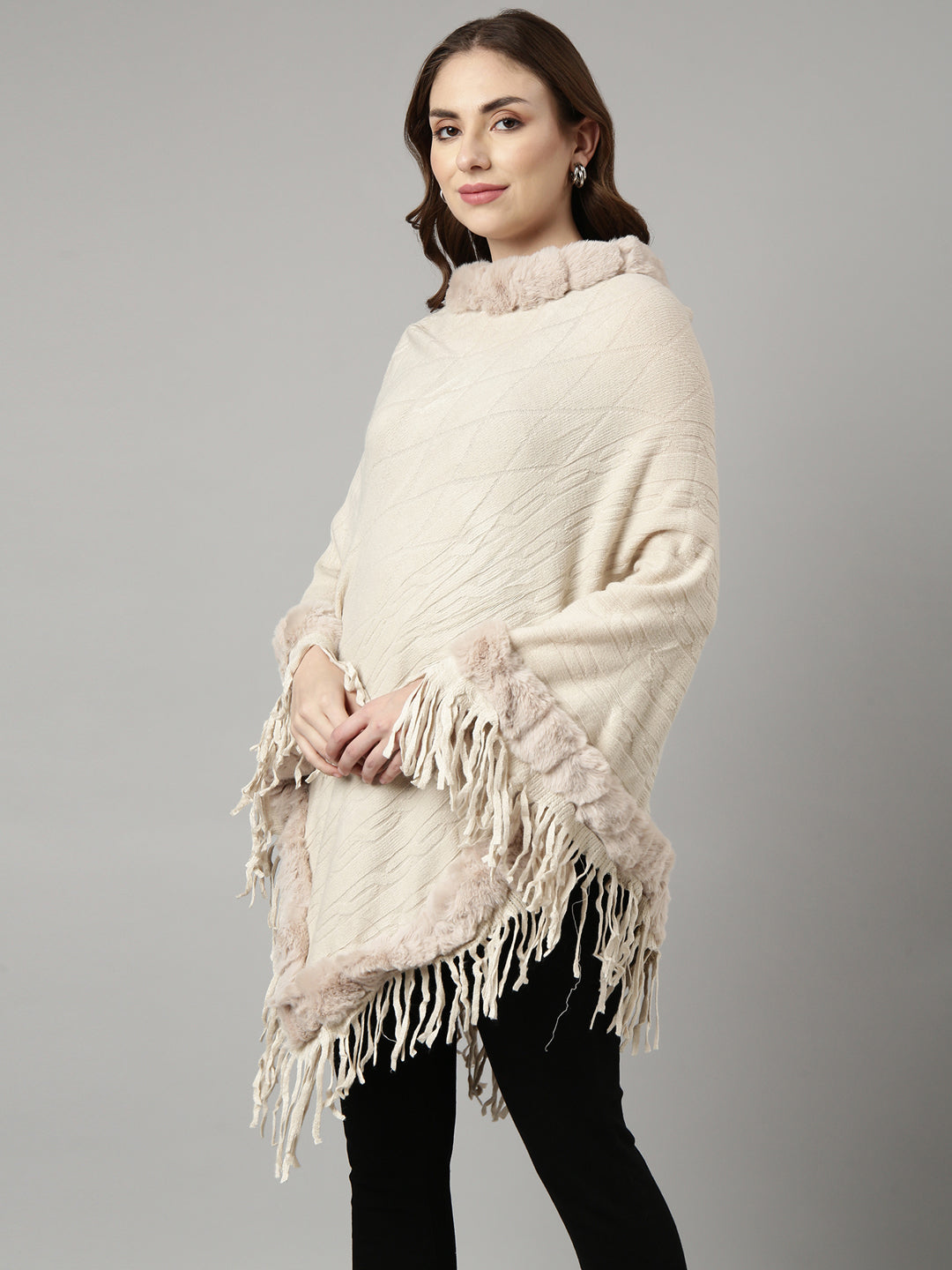 Women Solid Cream Longline Poncho