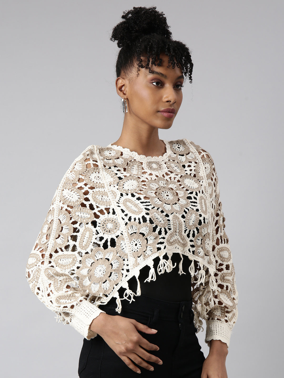Women Cream Self Design Cape Crop Crochet Top