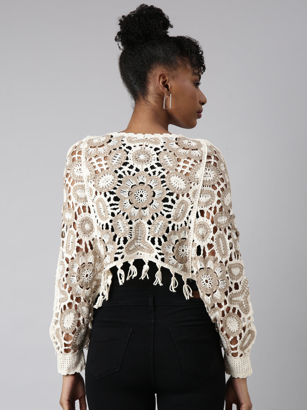 Women Cream Self Design Cape Crop Crochet Top