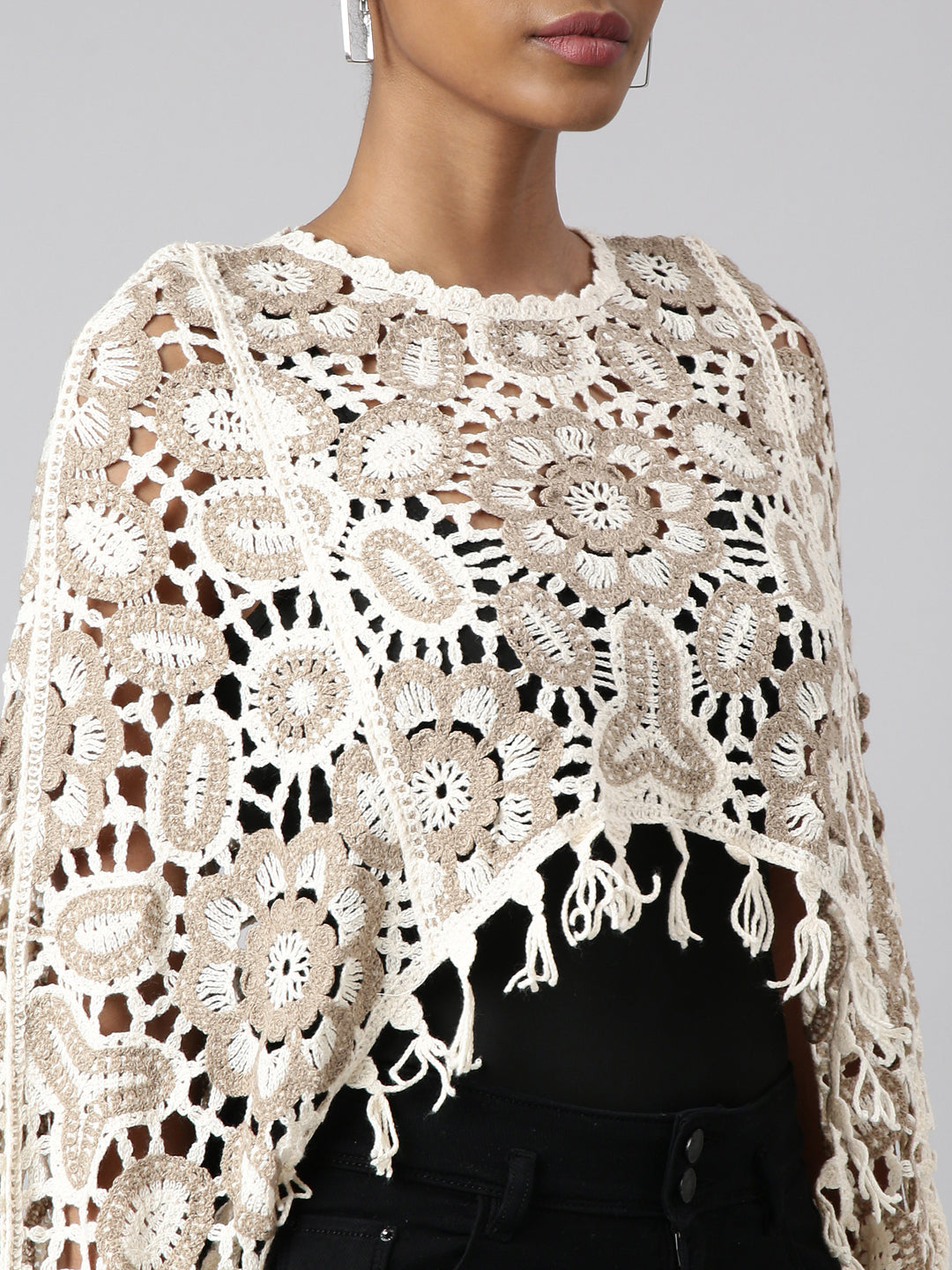 Women Cream Self Design Cape Crop Crochet Top