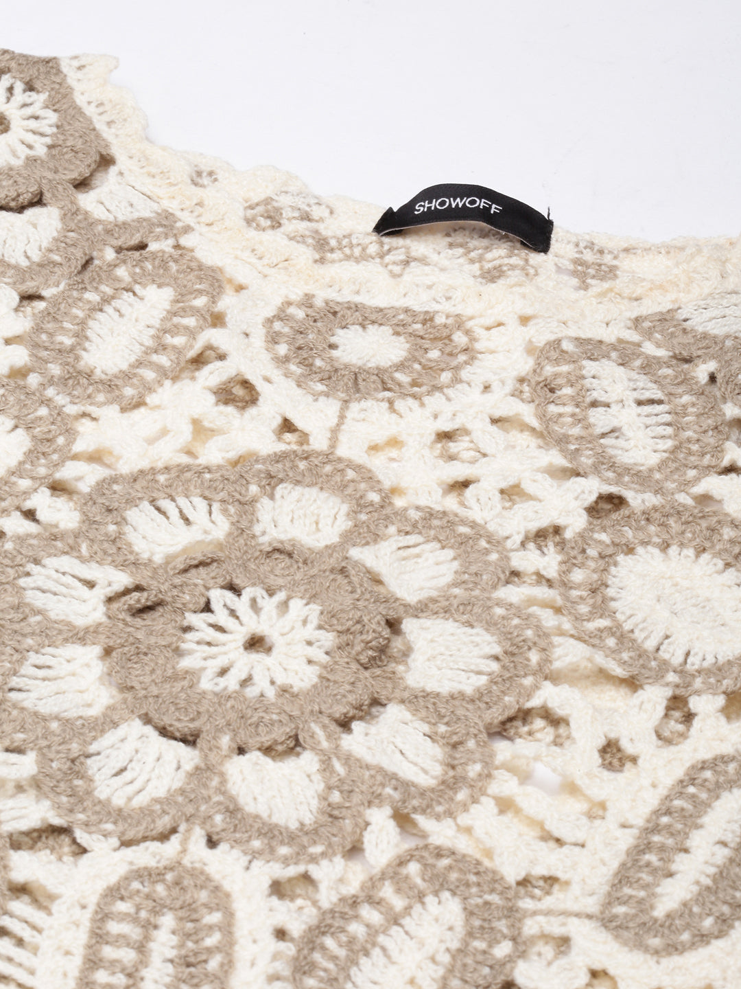 Women Cream Self Design Cape Crop Crochet Top